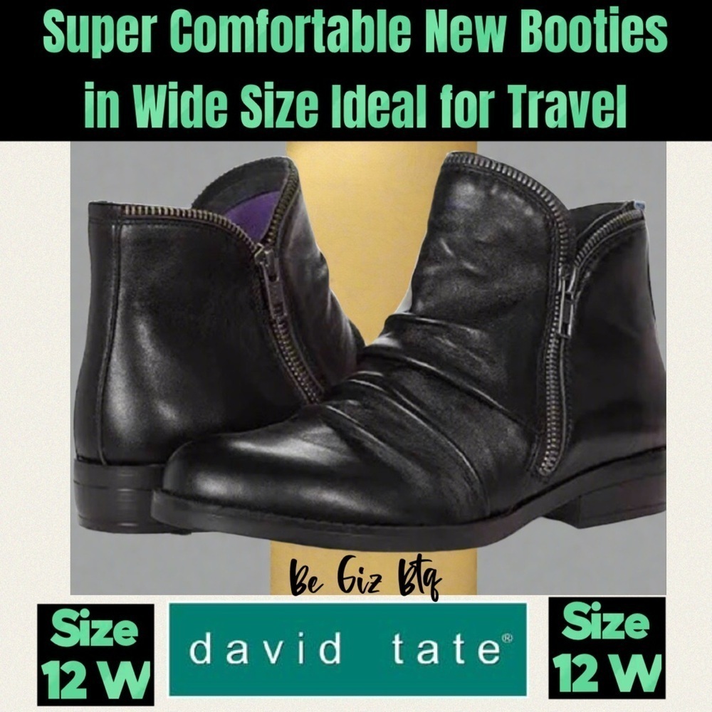 🔥🔥David Tate Ming Leather Double Zipper Ankle Boots Black Napa Leather Size 12W